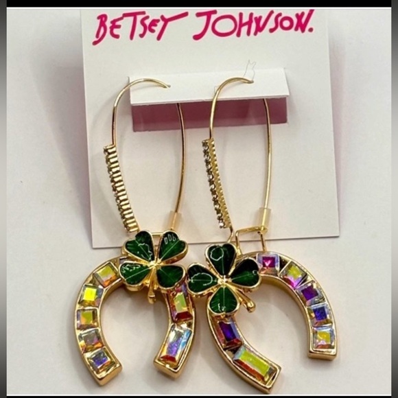 RESERVED BETSEY JOHNSON Lucking Out Horseshoe & Shamrock Crystals Earrings NWT - Picture 3 of 7